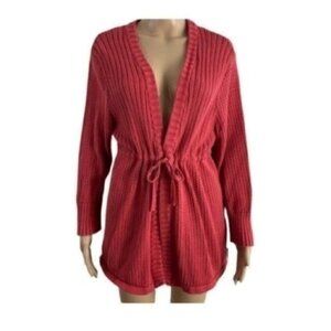 WOOLRICH Soft Ruby Open Knit Tie Front Cardigan Sweater 100% Cotton Size XL